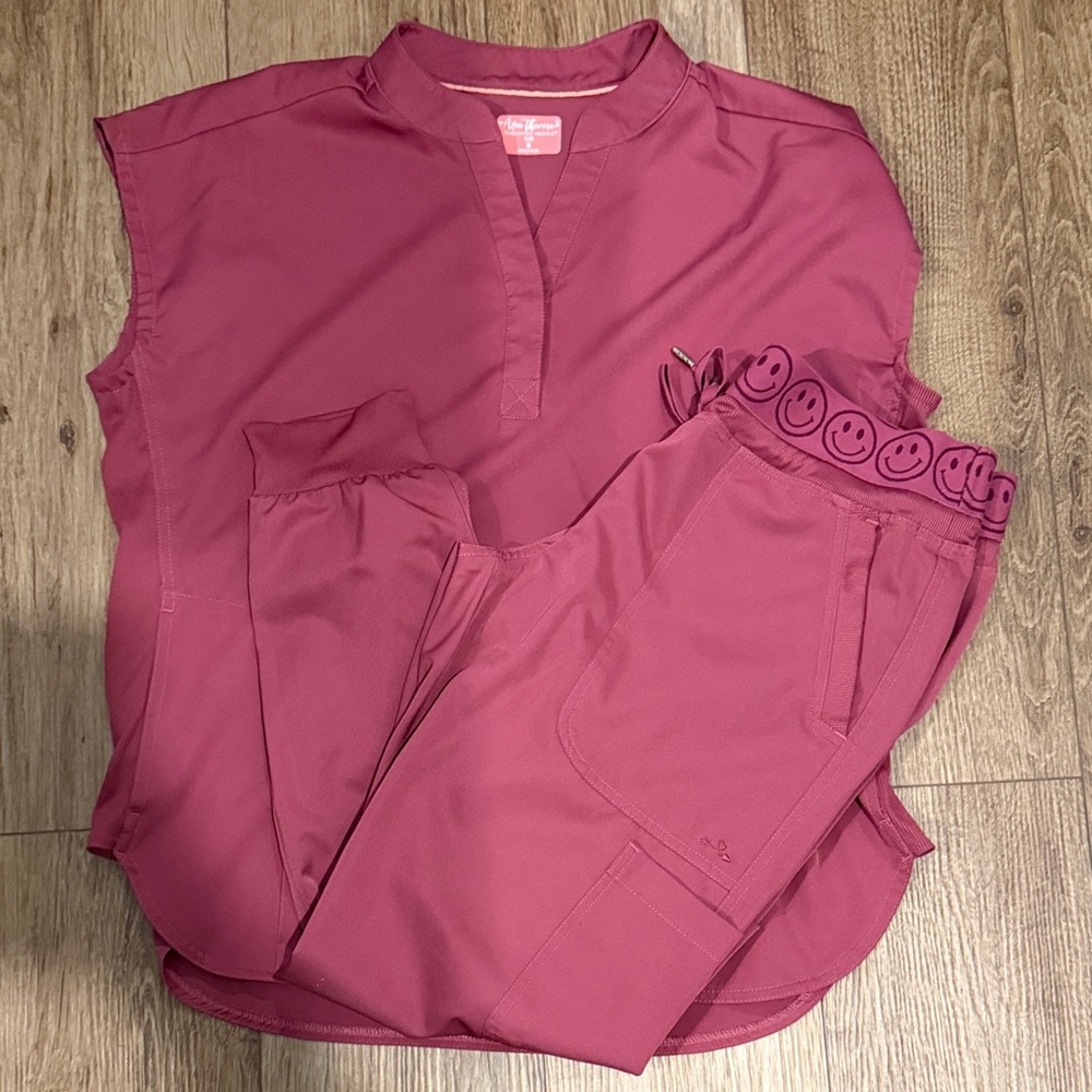 Cheerful Pink Scrub Set with Smiley Waistband